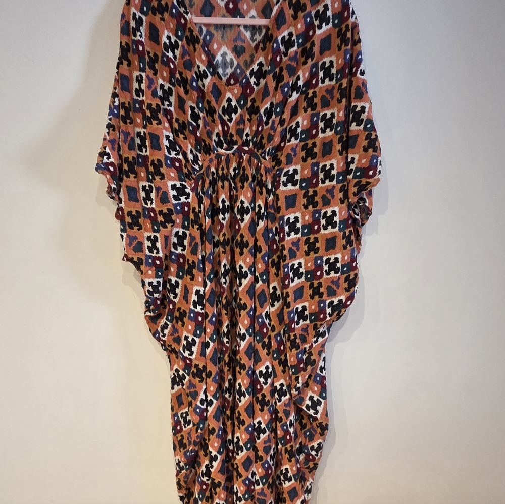 Free People Orange, Black and White Geometric V-Neck Maxi Dress